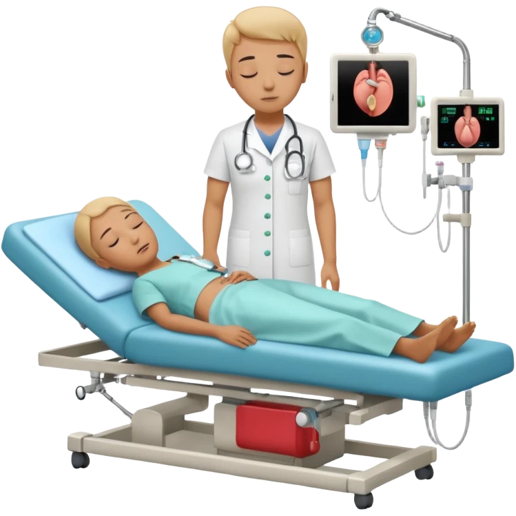 A patient lying on a medical examination bed with eyes closed, seen in a wider, full-body view, preparing to undergo a colonoscopy procedure in a clean hospital environment. emoji