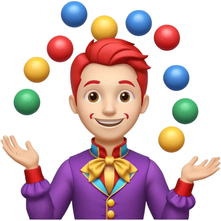 circus juggler portrait, head and shoulders only, colorful outfit collar, playful grin, juggling balls visible near shoulders, 3D cartoon, mobile game icon style, clean background, no text, no watermark
 emoji