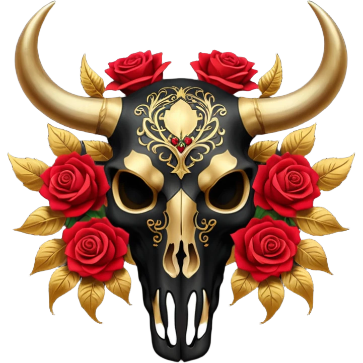 Black Bull skull with red roses and gold intricate patterns emoji