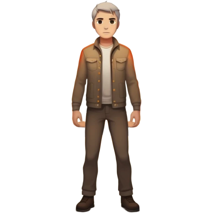 a man standing at the edge of a burning bridge, determined gaze, chest glowing with fire-shaped light, shadows dissolving into ash behind him emoji