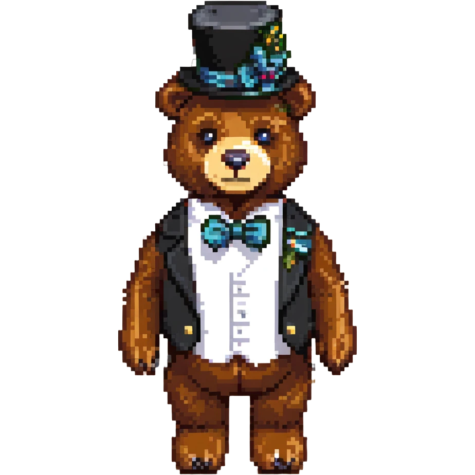 Freddy Fazbear from Five Nights at Freddy's, pixel art style, brown bear animatronic, black top hat, bow tie emoji