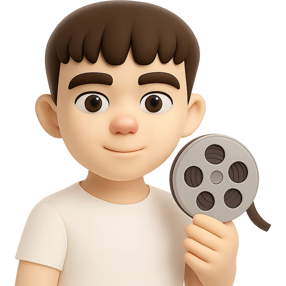 Make the character's skin tone lighter while keeping the same 3D cartoon style. Keep the film reel and white shirt as they are. Preserve the transparent background. emoji