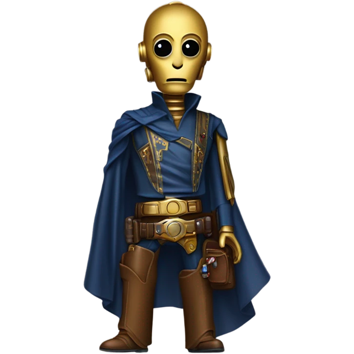 darkblue-pearl friendly smiling bounty hunter c3po droid wearing leather wild west duster, backpack, saddlebags and light saber ready to fight at ease. steampunk emoji