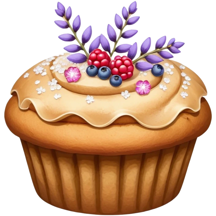 Lavender flower sprigs on a muffin with berries and sugar crystals without frosting  emoji
