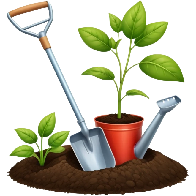 An icon featuring a shovel, a plant symbolizing agronomy. The design includes crops, a field, and a watering can, representing the science of soil management, crop production, and sustainable farming. Transparent background highlights agricultural research and growth. emoji