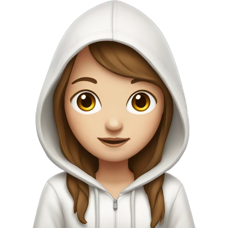 white girl with straight long brown hair and bangs, wearing a white hoodie, holding a laptop in her hands emoji