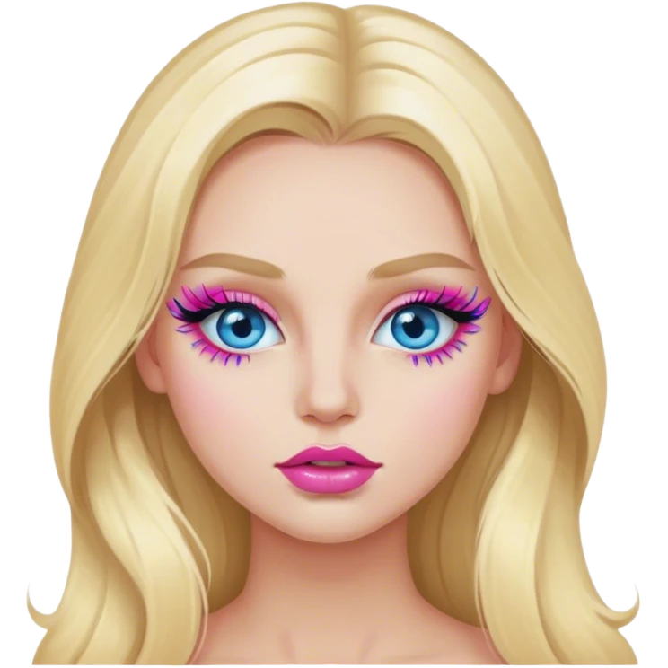 Cinematic realistic blonde with long hair, blue eyes and pink lips paints her eyelashes emoji