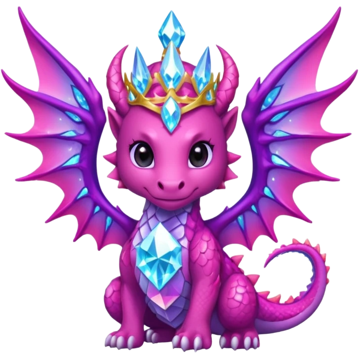 cute pink crystal dragon queen, diamond crown, shimmering crystal wings, glowing pink and purple aura, magical sparkles, epic kawaii fantasy style, strong glow, bold outline, transparent background, twitch badge emoji