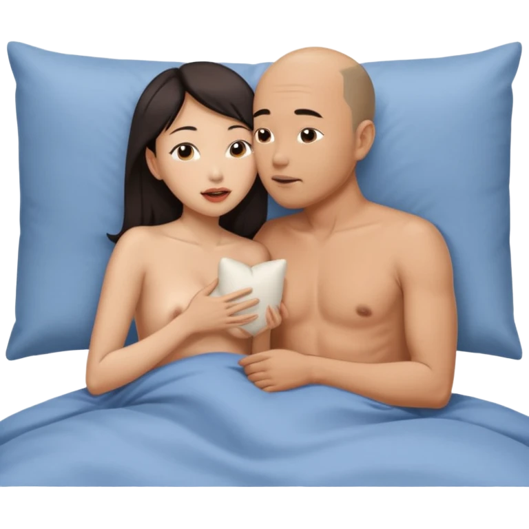slightly balding asian man and asian woman kissing naked in bed emoji