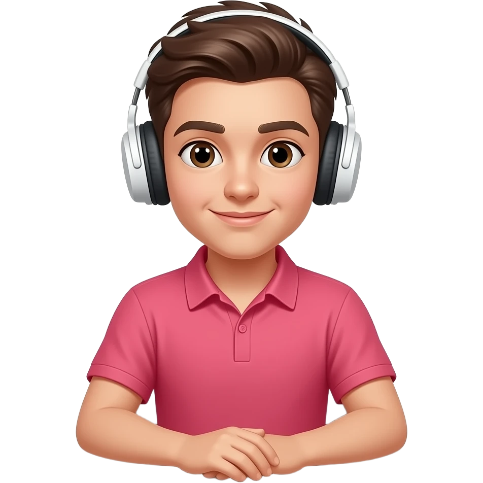 Tinédszer arcú legyen egy asztalnál úljön fehér fejhallgató legyen rajta és egy asztalnál ülljönróusaszín pólóba emoji