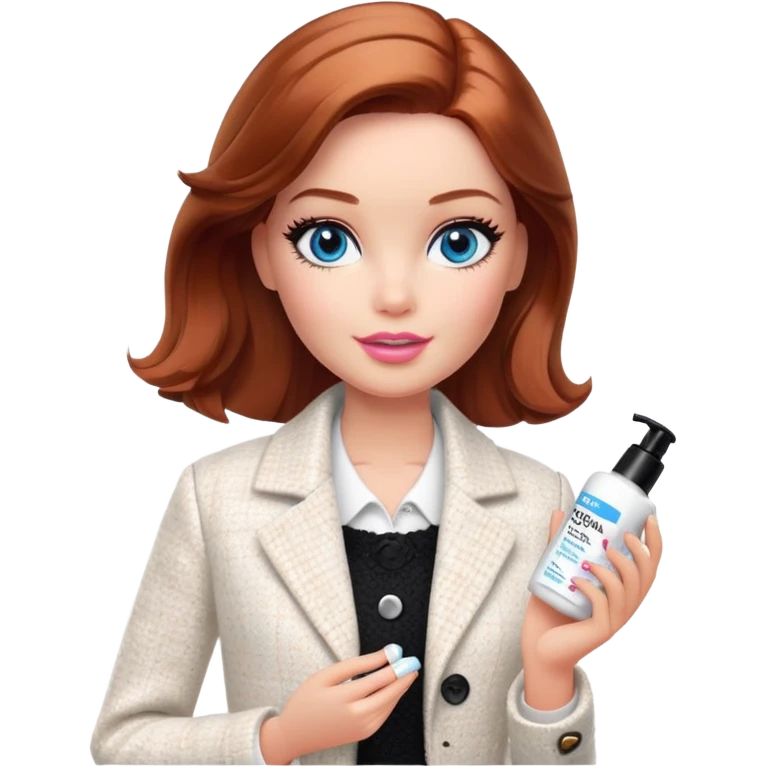 A Barbie girl with blue eyes, shoulder-length reddish-brown hair with makeup, wearing a white tweed jacket and a black skirt, holds a face cream in her hand emoji