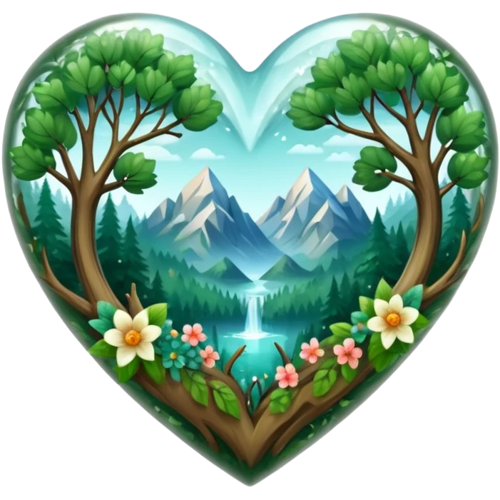 crystal heart with forest inside and floral decoration around emoji