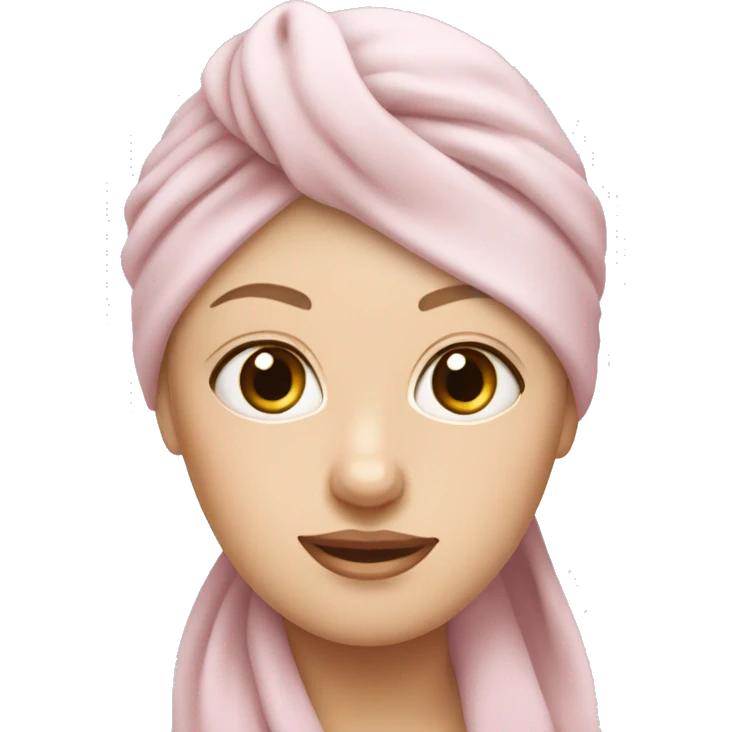 Pale White Woman wearing pale pink towel turban with hazel eyes emoji