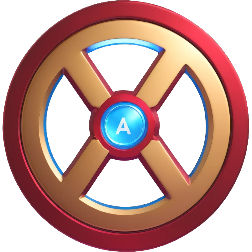 Glossy 3D emoji letter A with Avengers logo inspiration, metallic bold, blue arc reactor glow, subtle Captain America shield pattern, red and gold Iron Man accents, cute compact high-tech heroic style emoji
