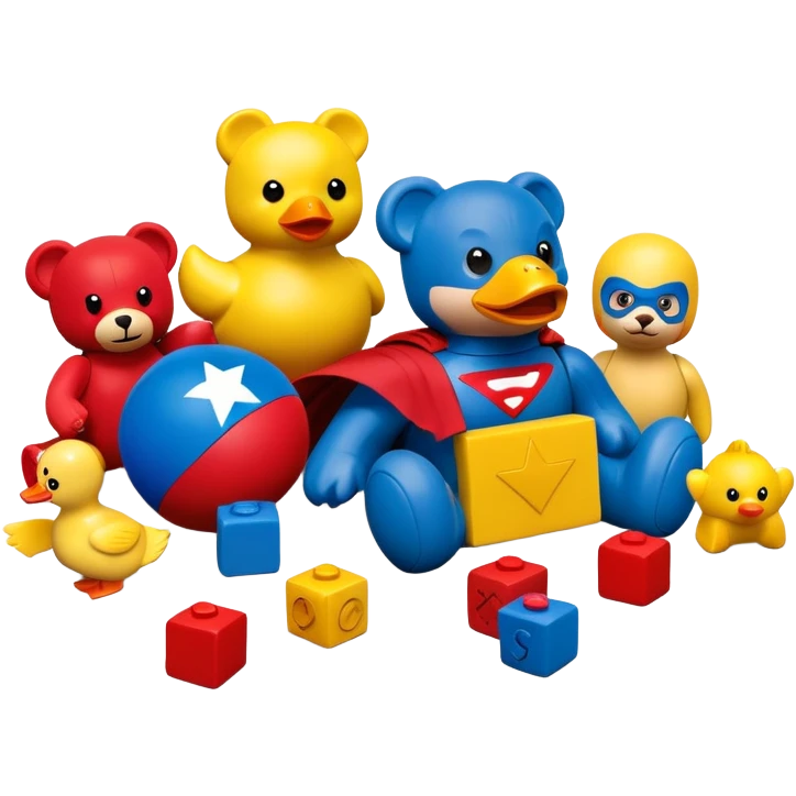 various colorful toys scattered together - teddy bear, rubber duck, toy blocks, ball, and action figures emoji