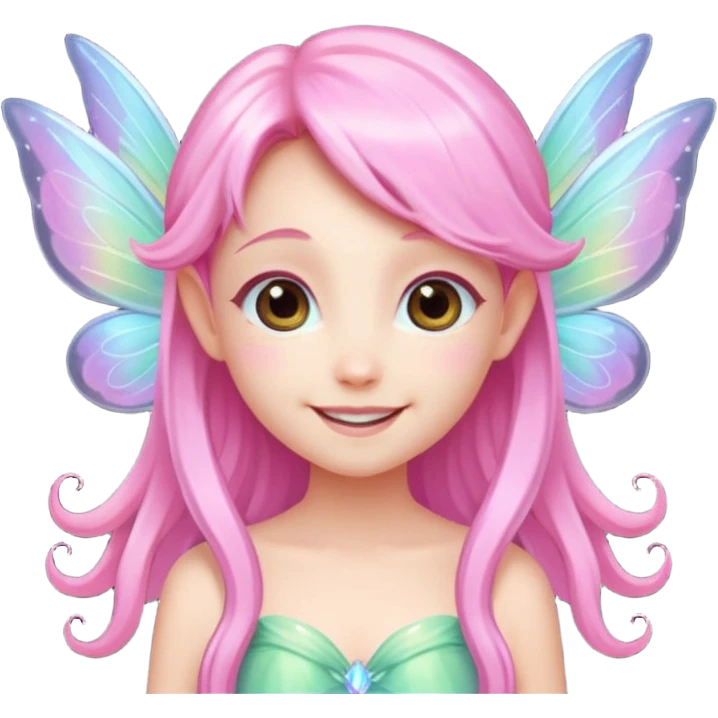 A tiny pastel fairy with pink long hair with glowing wings and a sweet smile  emoji