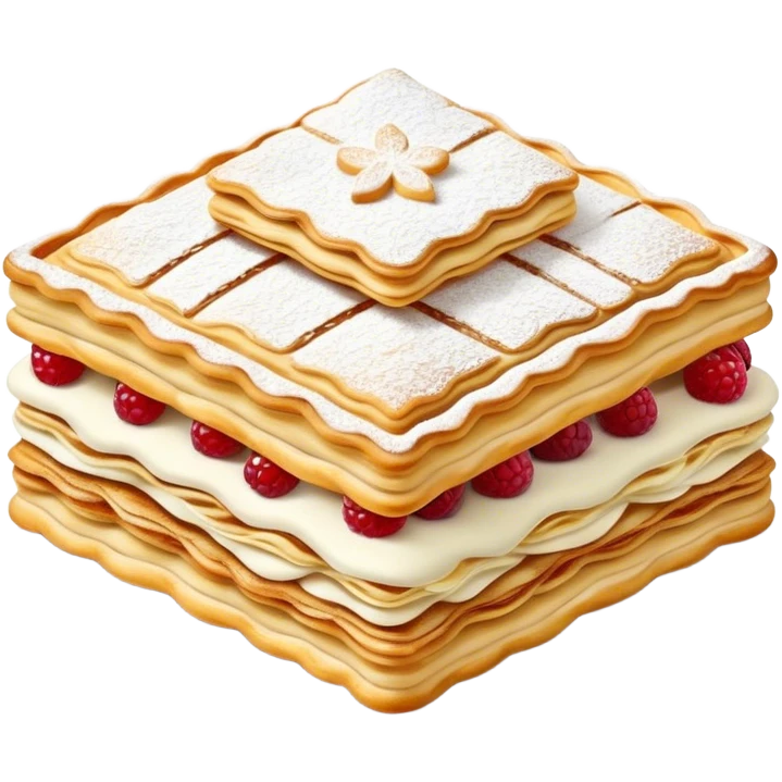 Cinematic Realistic Mille-Feuille Dessert Emoji, depicted as layered puff pastry with rich cream and a dusting of powdered sugar rendered with intricate textures and elegant, soft lighting. emoji