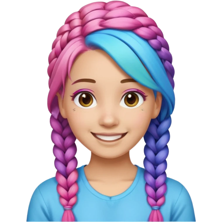 Woman with braided rainbow hair, happy — long braids fading from pink to blue emoji