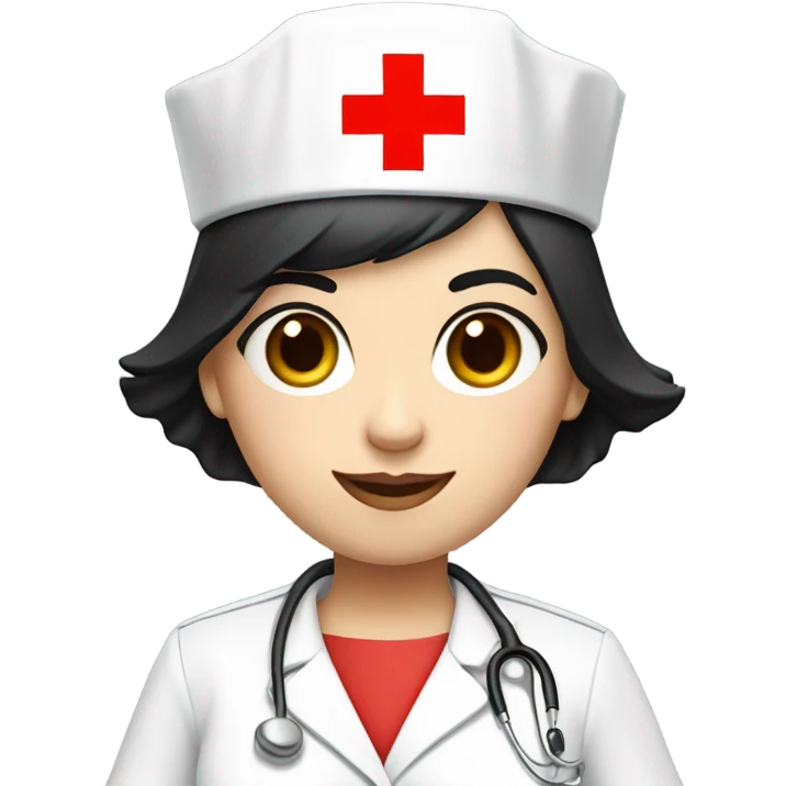 pixie cut black straight hair female nurse  hat with red cross sign in the middle wearing dress
pale skin color emoji