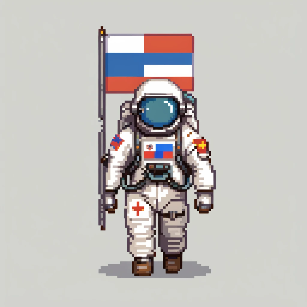 Cosmonaut walking on a planet surface, wearing a spacesuit with Russian flag, light hair and light skin visible through helmet emoji