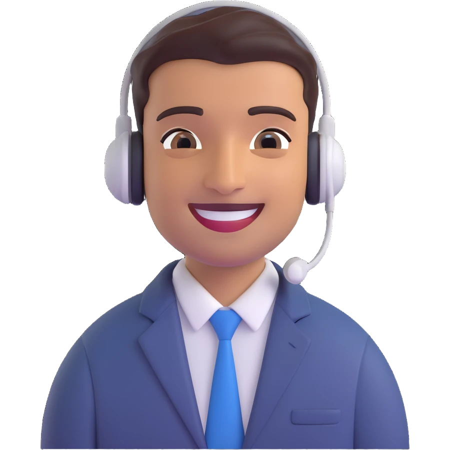 friendly Indian male support agent, headset, warm smile, supportive attitude, office background emoji