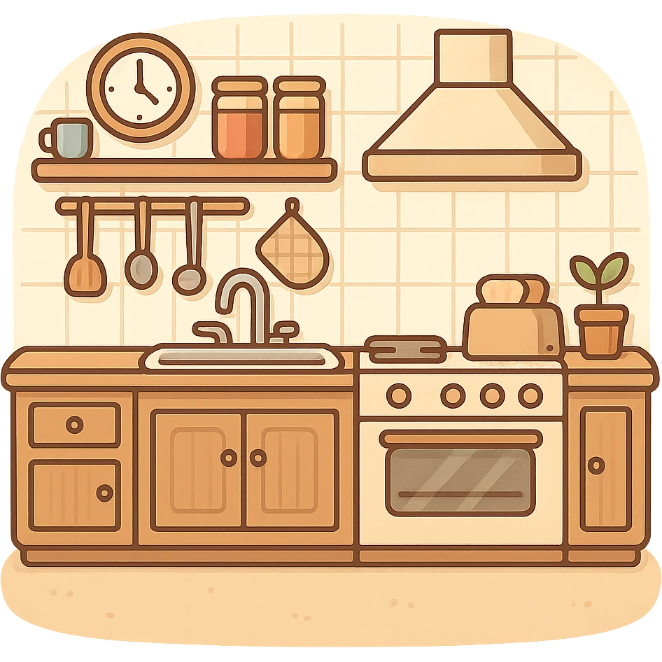 一个温馨的厨房，前面是片空地 emoji