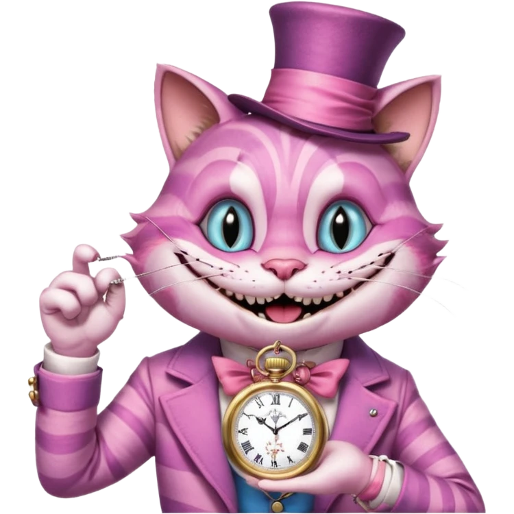 Cheesier cat from Alice in wonderland pointing at a pocket watch wearing a hat emoji
