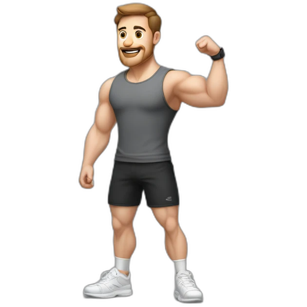 Full height realistic Actively gesturing with hands Pale skinned Fit Man With the biceps and brown hair in dark gray Sleeveless Mike, black oversize sports shorts, watch and white Sneakers emoji