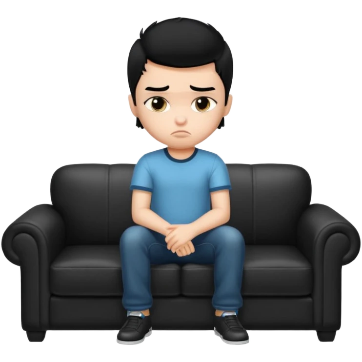 a pretty bratz boy with black hair and fat on a sofa looking sad emoji