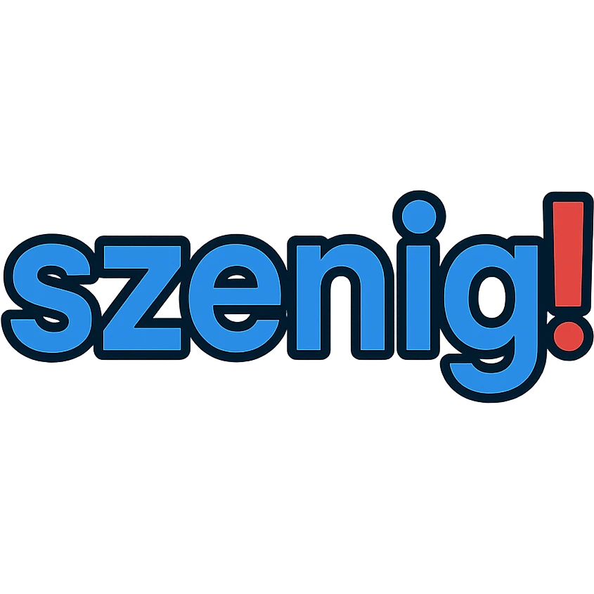 text logo 'szenig!' in blue with only the exclamation mark in red, modern digital style, no background emoji