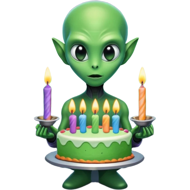A detailed alien holding a colorful birthday cake with lit candles, standing inside a futuristic spaceship, cinematic lighting, ultra realistic textures, high resolution, dramatic shadows, sci-fi atmosphere
 emoji