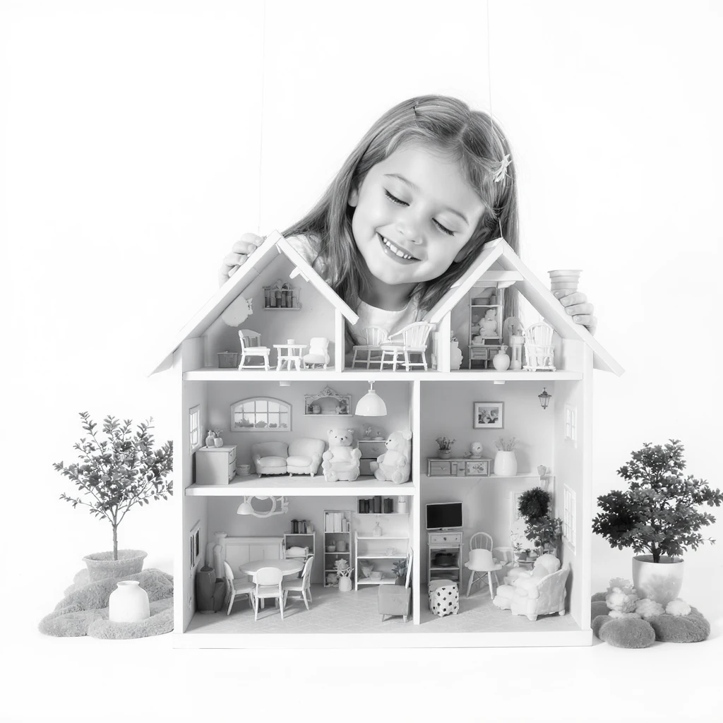 smiling girl arranging furniture in doll house emoji