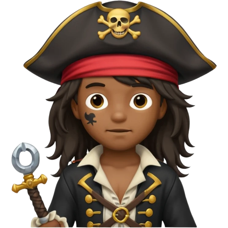 Garoto negro fofo e cabelo comprido usando fantasia de pirata emoji