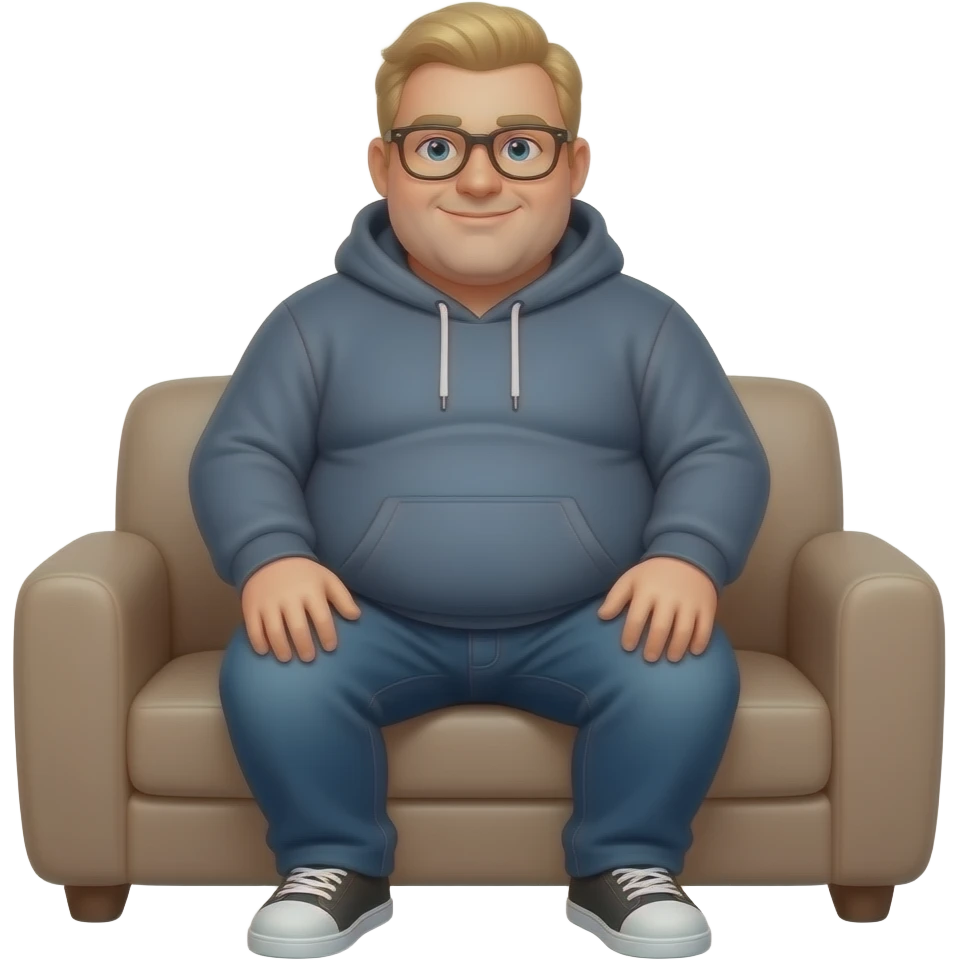 Extremely round Obese blonde man  on sofa in hoody emoji