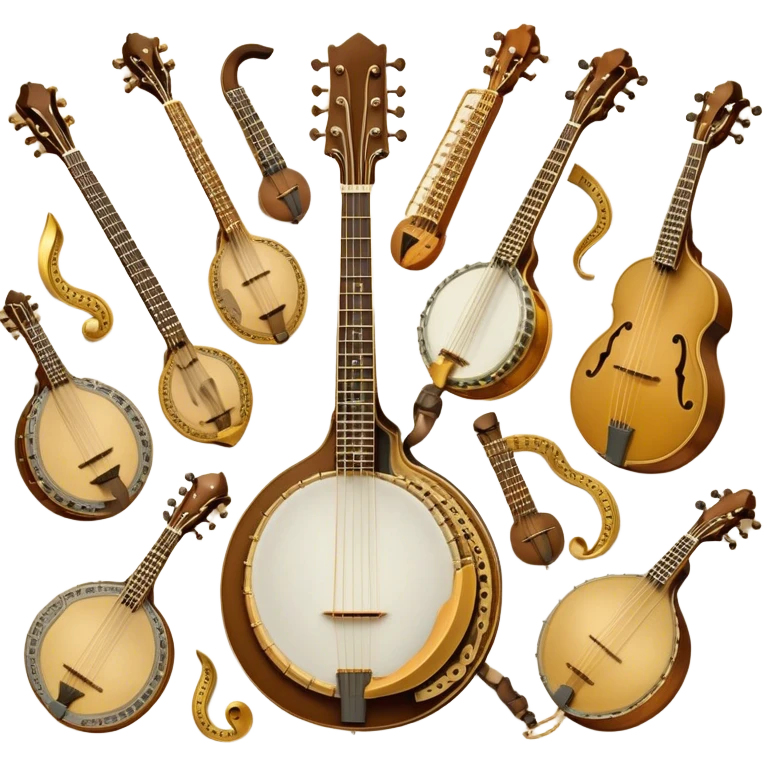Create a grand, heraldic-style emoji collage representing plucked string instruments. The design should resemble a majestic emblem, featuring a collection of iconic instruments such as a banjo, mandolin, domra, sitar, and other plucked string instruments. Arrange the instruments symmetrically, with their necks and strings intertwining gracefully like a coat of arms. A flowing ribbon of musical notes should elegantly weave through the instruments, creating a sense of harmony and movement. The emblem should have a luxurious, golden and bronze color palette with intricate decorative elements, adding depth and a professional touch. Subtle lighting effects should highlight the polished wood and metal strings of the instruments. The background should be transparent, making the design adaptable for various uses emoji