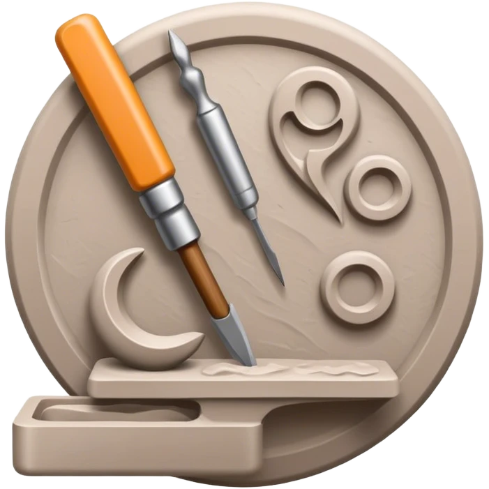 Icon for sculpting, with sculpting tools, sculpture in progress on a textured surface, minimalistic style, clean lines, transparent background. emoji
