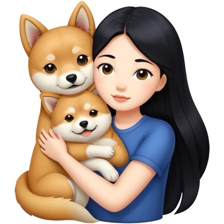 A beautiful girl with long black hair hugs a Shiba Lnu emoji