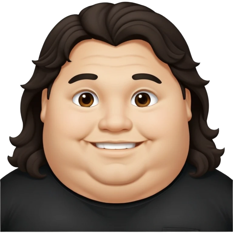 Joven obese, long hair, pelo largo, cuerpo grande, latino piel canela, cara redonda-ancha, scruff sin barba completa, cejas gruesas, pelo oscuro ondulado flat largo hasta el cuello. Sonrisa amplia, expresión alegre. Camisa negra. Size large.  emoji