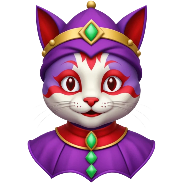 crazy colorful cute little cat jolly joker from poker, medieval, vintage, court jester, mac os icon, purple and red color, half body emoji