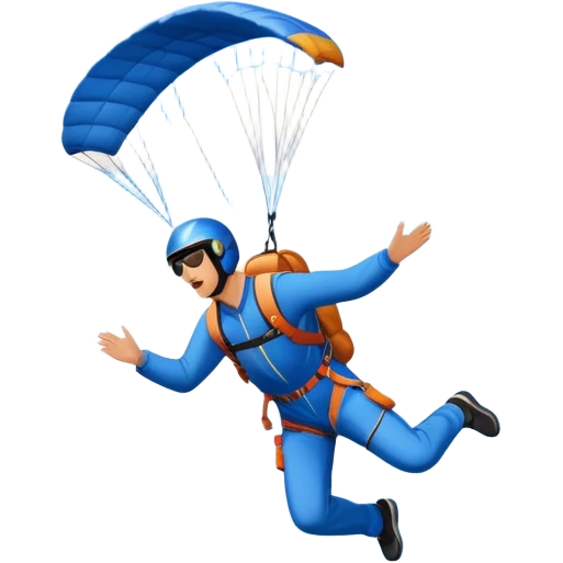 A base jumper soaring through the air, parachute deployed, flying off a steep mountain peak. The background is filled with majestic mountains, clear blue sky, and distant clouds, capturing the exhilarating thrill and beauty of extreme sports. emoji