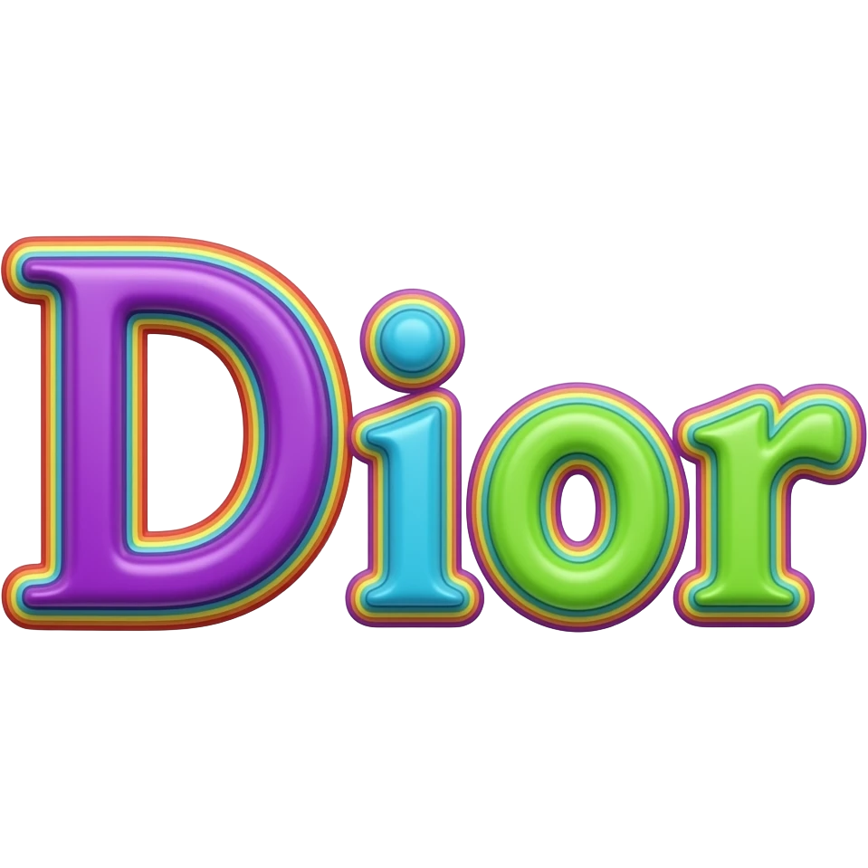 name "dior" in purple bright blue lime green 3D style typography lettering, each color of the rainbow as a border outlined around each letter, isolated, 3d rendering, no emoji icons no emoji faces and must have no human figures emoji