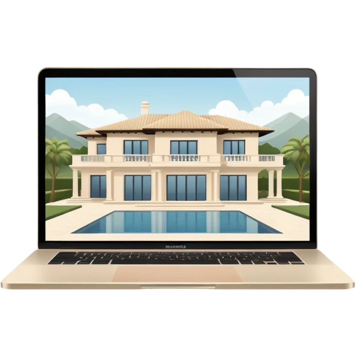
light beige open macbook sideways with luxury villa on screensaver emoji