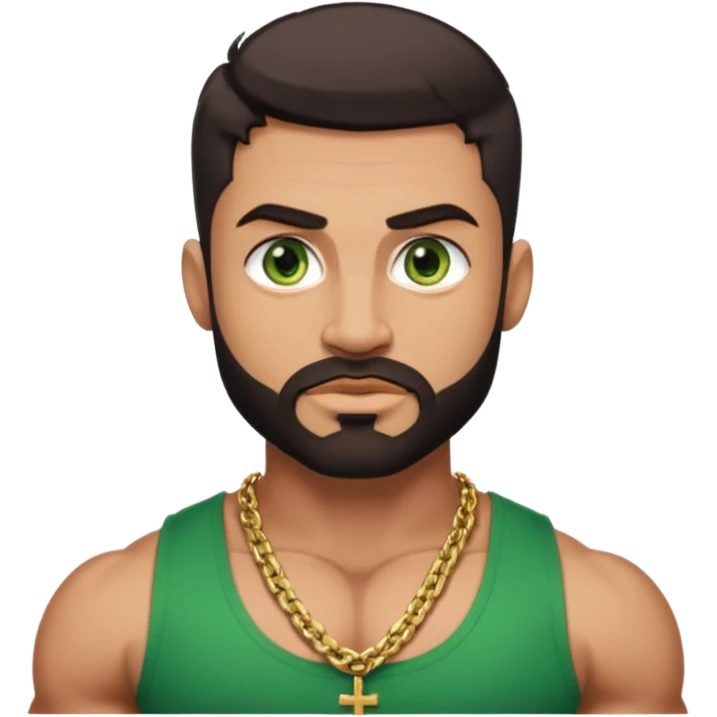 green eyes, dark short hair, muscular shoulders, wide cross, gold chain, big lips big nose big eyes, masculine good looking, dark beard, muscular strong looking emoji