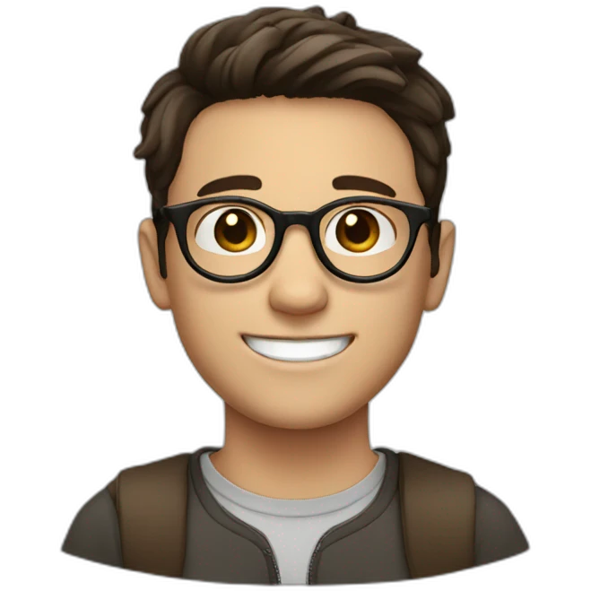 white boy with dark brown hair with circle brown glasses and a smile emoji