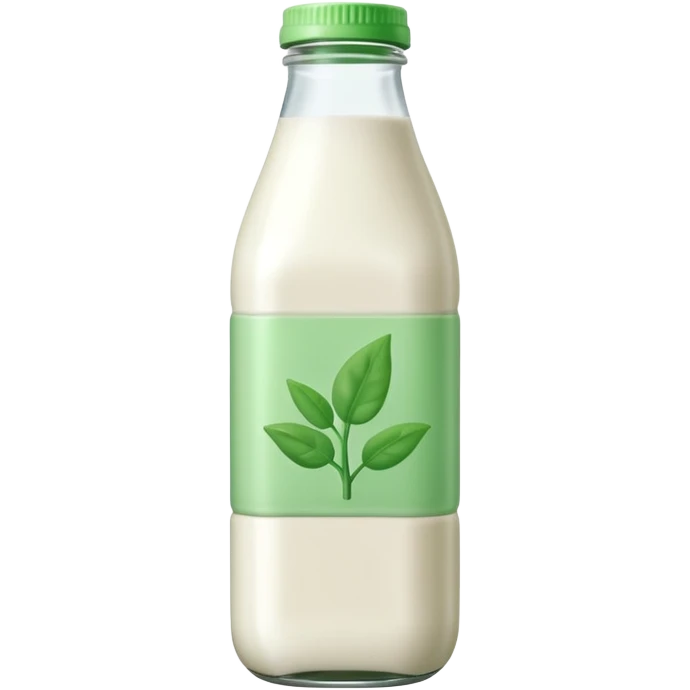 A 3D cartoon bottle of plant-based milk identical to dairy milk, small green tint or leaf mark, Memoji-style. emoji