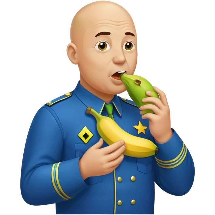 bald a bit fat man in a blue uniform eats a toxic green radioactive banana emoji