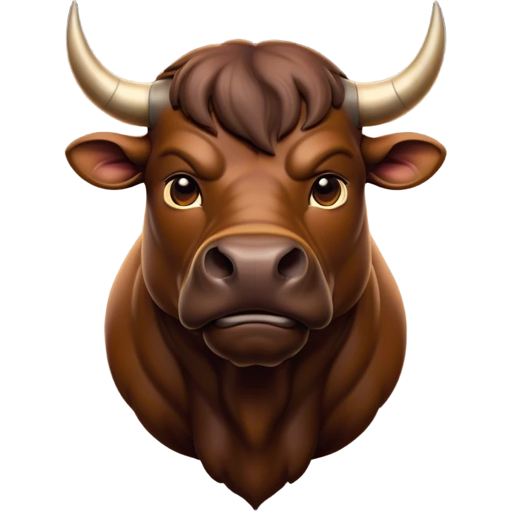 Cinematic Noble Brown Bull Portrait Emoji, Poised and regal, with a massive, muscular build and a sleek, well-groomed rich brown hide, deep-set soulful dark eyes, Simplified yet sharp and sophisticated features, highly detailed, glowing with a soft, dignified glow, high shine, intelligent and formidable, stylized with an air of strength, focused and attentive, soft glowing outline, capturing the essence of a watchful and confident guardian, so majestic it feels as though it could charge out of the screen with effortless authority! emoji
