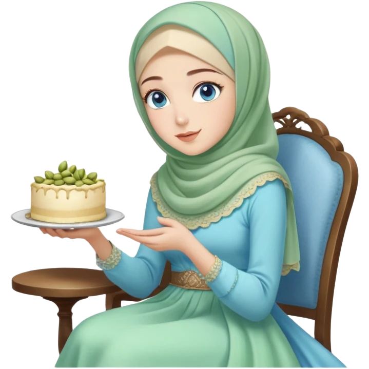 Turkish beautiful finish Konya girl blue eyes with pastel hijab long tail dress and sits on the chair and holds pistachios cake with her hand  emoji