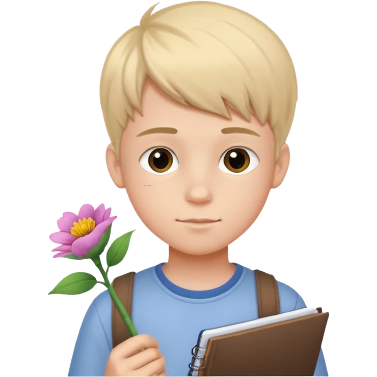 Teen boy drawing boy with flower character in notebook emoji