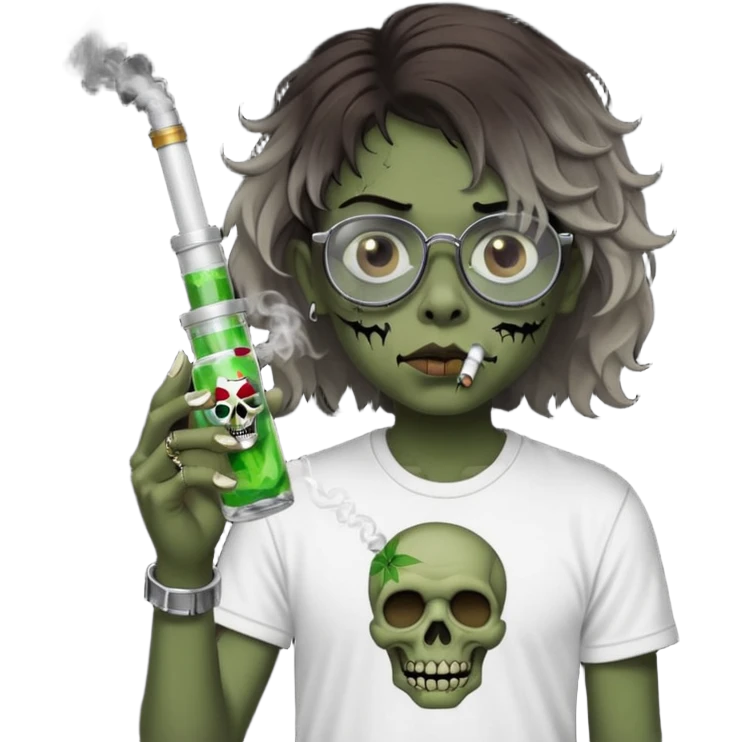 brown short wavy haired zombie getting stoned with weed t shirt and bong on his hand and wearing black chrome hearts bifocals emoji